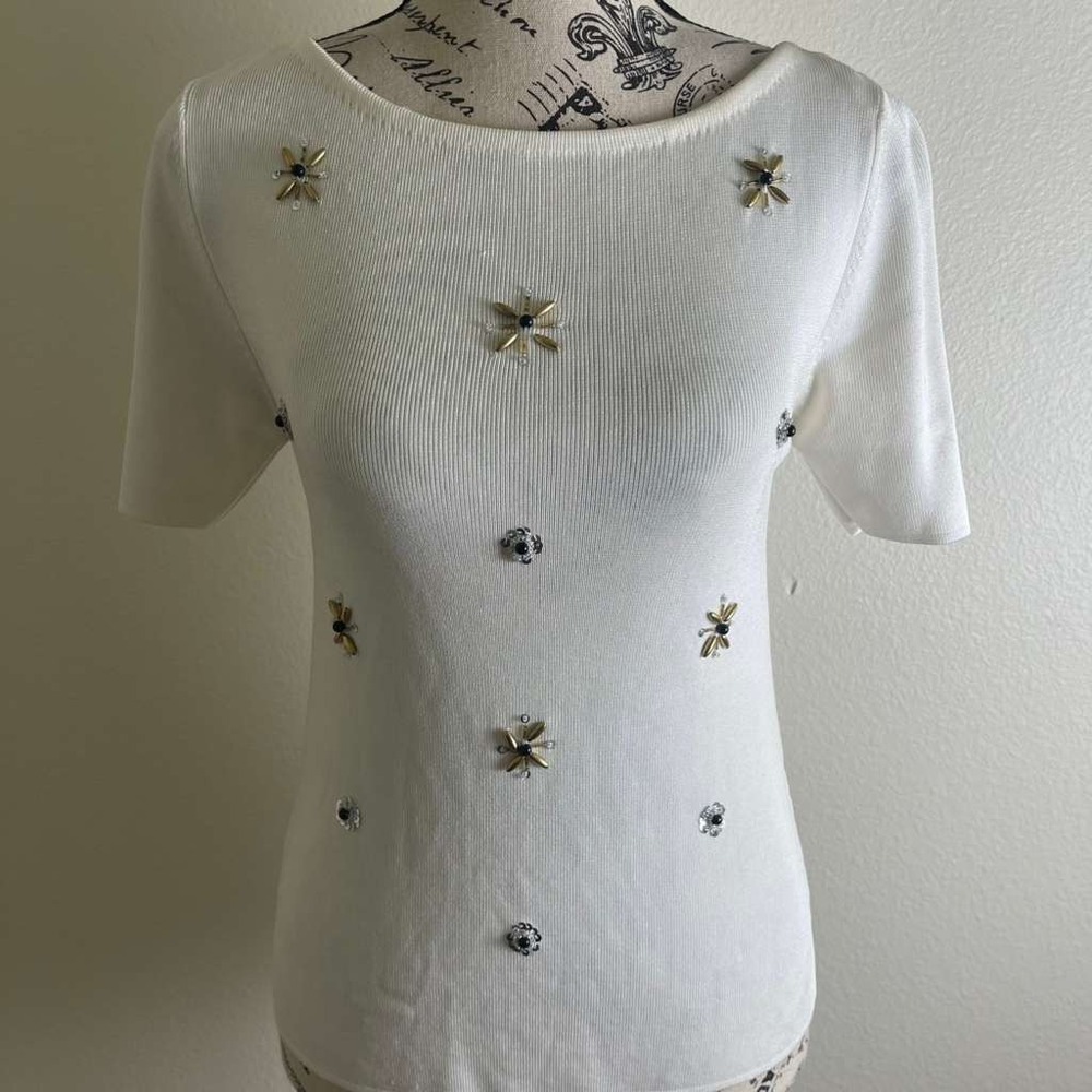 Zara Knit Womens Small Ivory Beaded Sequin Ribbed Short Sleeve Sweater Boat Neck